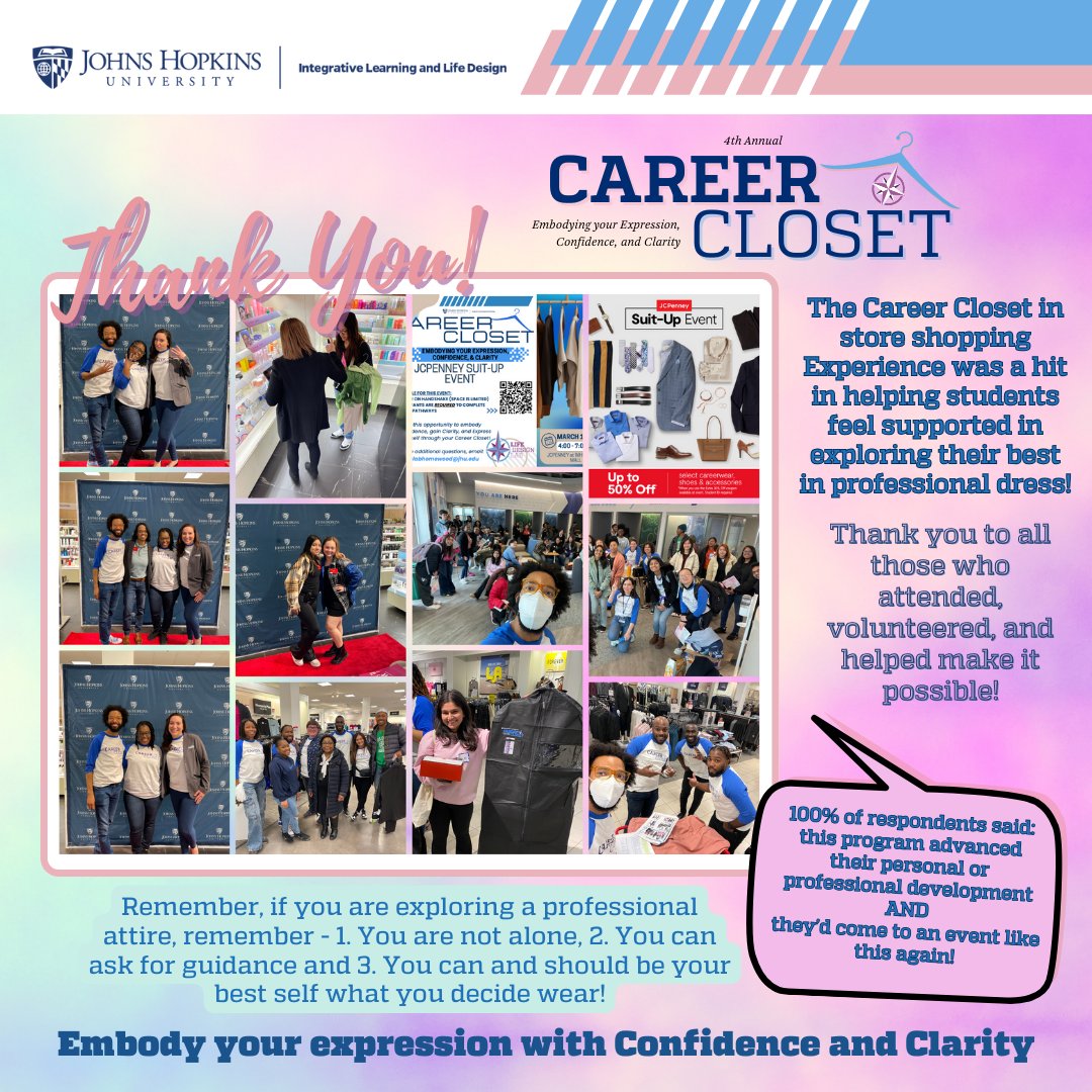 ceshambryjr's tweet photo. Our Annual Career Closet event was so much fun. I was bouncing around JCPenney saying...I love my job! 
Reminder: 
1. We are not alone
2. We can ask for guidance &amp;
3. Be ur best in professional dress! 

#CareerClosetJHU #JCPenneySuitUp #Design4Excellence 
https://t.co/mUVI8Q3wRT https://t.co/NNGzuD42XA