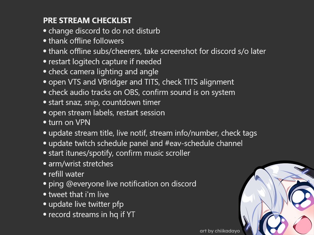 eavlol's tweet photo. Streamers, I highly recommend using a pre and post-stream checklist 

This is my routine since I started streaming 3 years ago with a couple changes over the years! 💙 https://t.co/VjRwWv1LMb