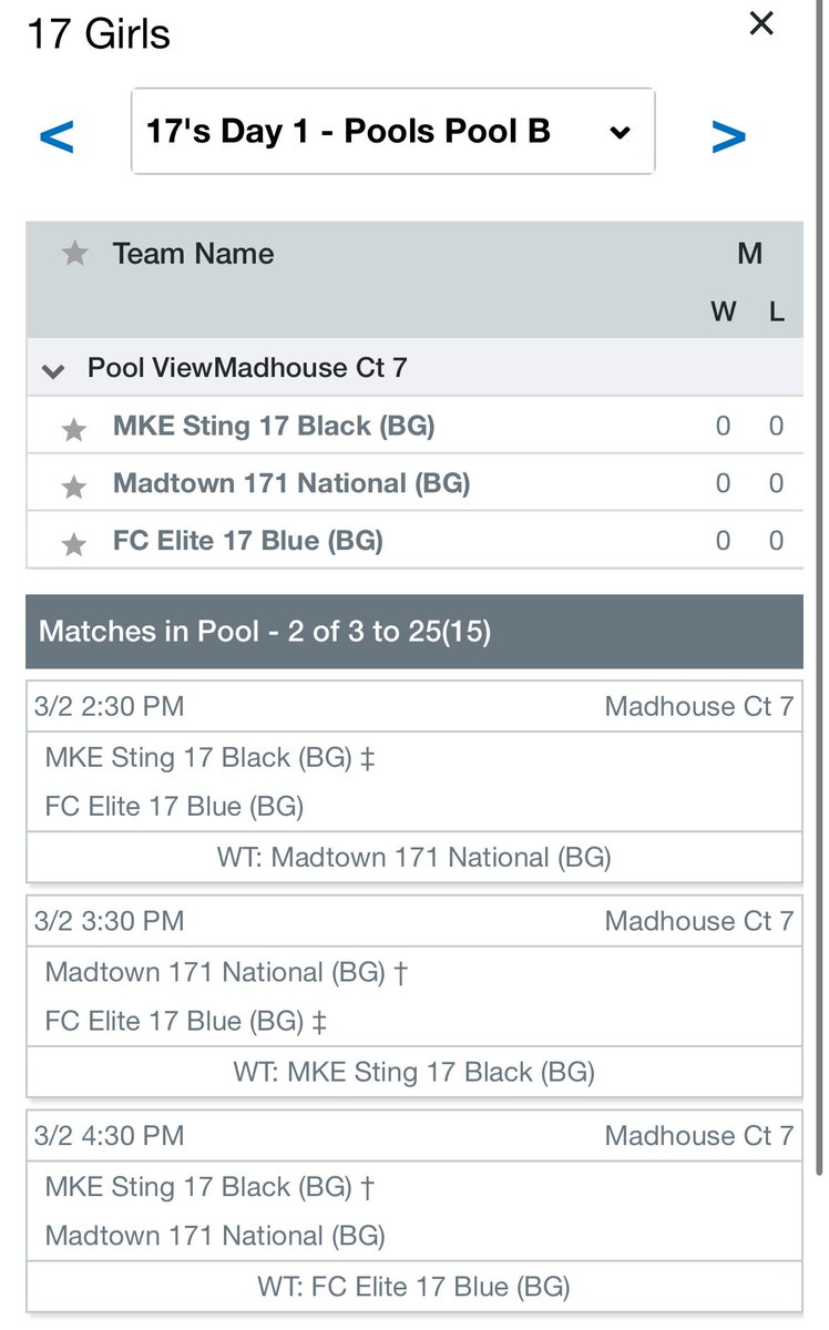 Tomorrows schedule for the Badger Region Qualifier! We play at the Madtown Madhouse starting at 2:30pm! See you on court 7!
