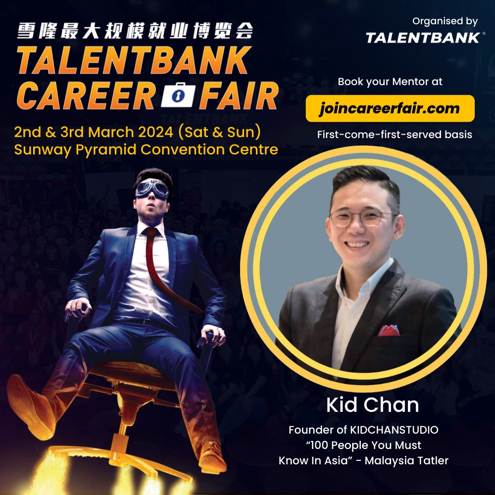 kidchan's tweet photo. Honored to be serving as a Mentor for the Talentbank Career Fair 2024 held at Sunway Pyramid Convention Center (SPCC) on Sunday, March 3rd, 2024. 

I will be there from 10am to 2pm.
4 slots available on First come first serve basis.

Check out
https://t.co/uTUn1NGpDk https://t.co/J5JaPE3u2Y