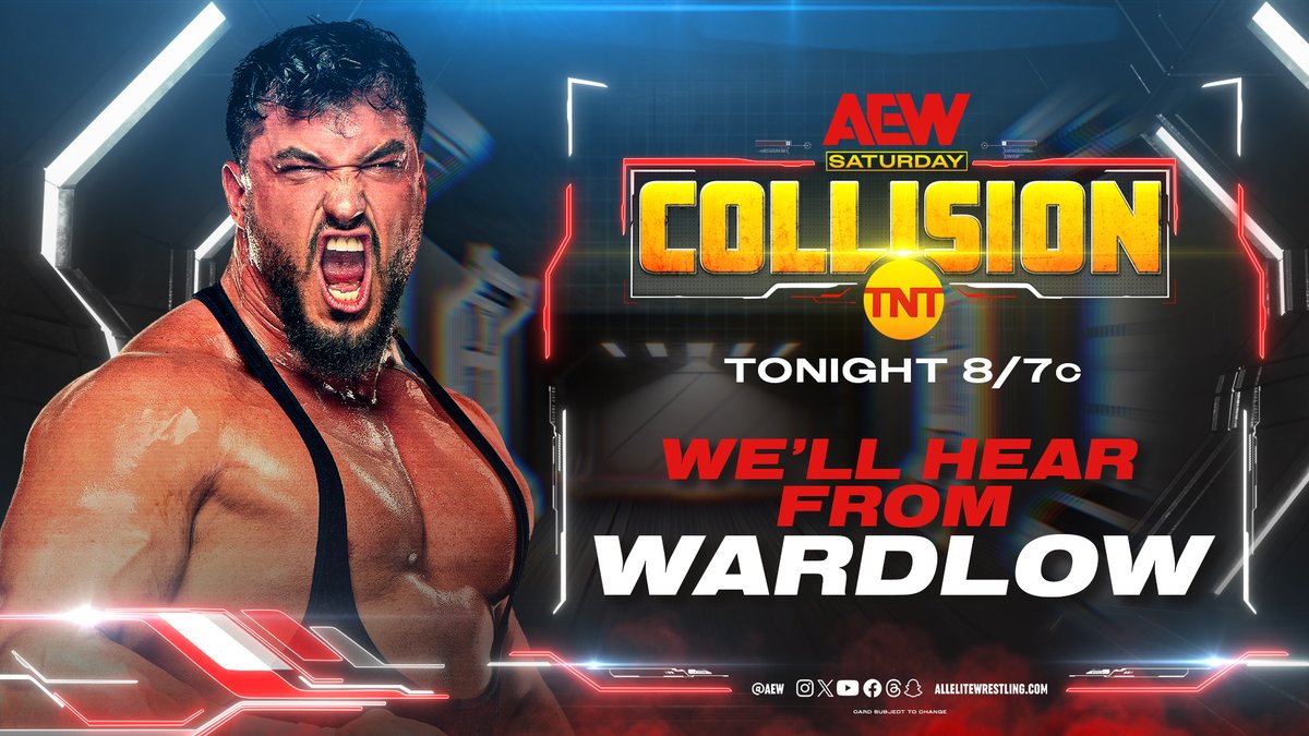 TONIGHT! #AEWCollision 8pm ET/7pm CT on @tntdrama We’ll hear from @RealWardlow TONIGHT on Collision, before he vies for a shot at the #AEW World Title, in the All-Star 8-Man Scramble at #AEWRevolution!