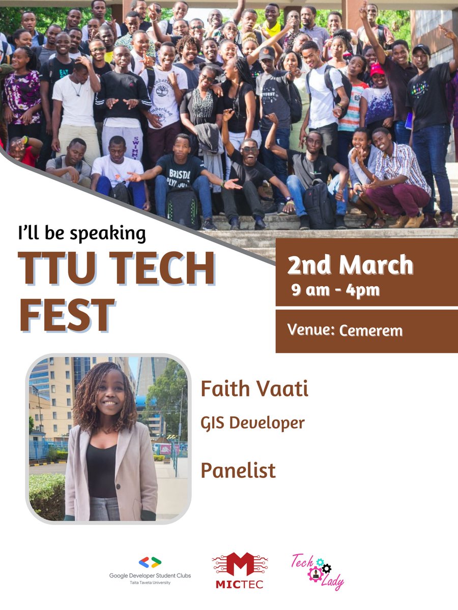 DscTtu's tweet image. Speakers Lineup 🚨

In our panel discussion on  &quot;How to set up for success while at Campus&quot; we will have Faith Vaati who is a GIS Developer. Join us this Saturday as we learn from Faith.

#TTUTechFest24 #Developersstudentsclub #DscTtu