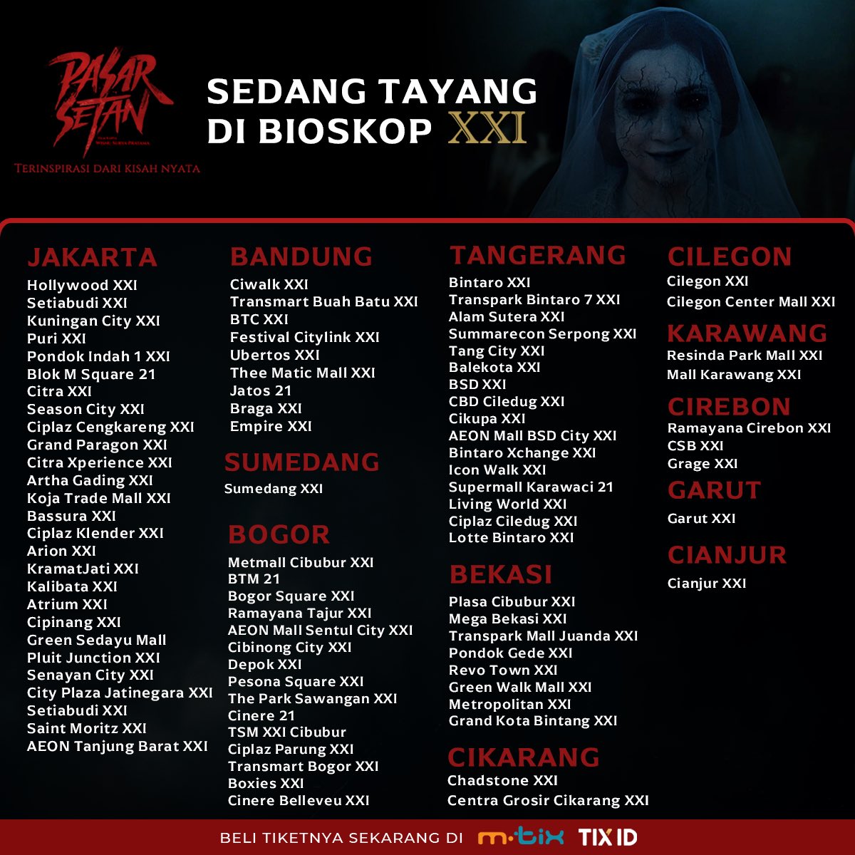 IDNPictures's tweet photo. Perjalananmu ke Pasar Setan semakin mudah, karena film Pasar Setan TAMBAH LAYAR!

Tonton film Pasar Setan langsung di bioskop kesayanganmu dan jangan lewatkan promo buy 1 get 1 free ticket!!

Terinspirasi dari kisah nyata, film Pasar Setan SEDANG TAYANG di bioskop! https://t.co/QO7nv362qp