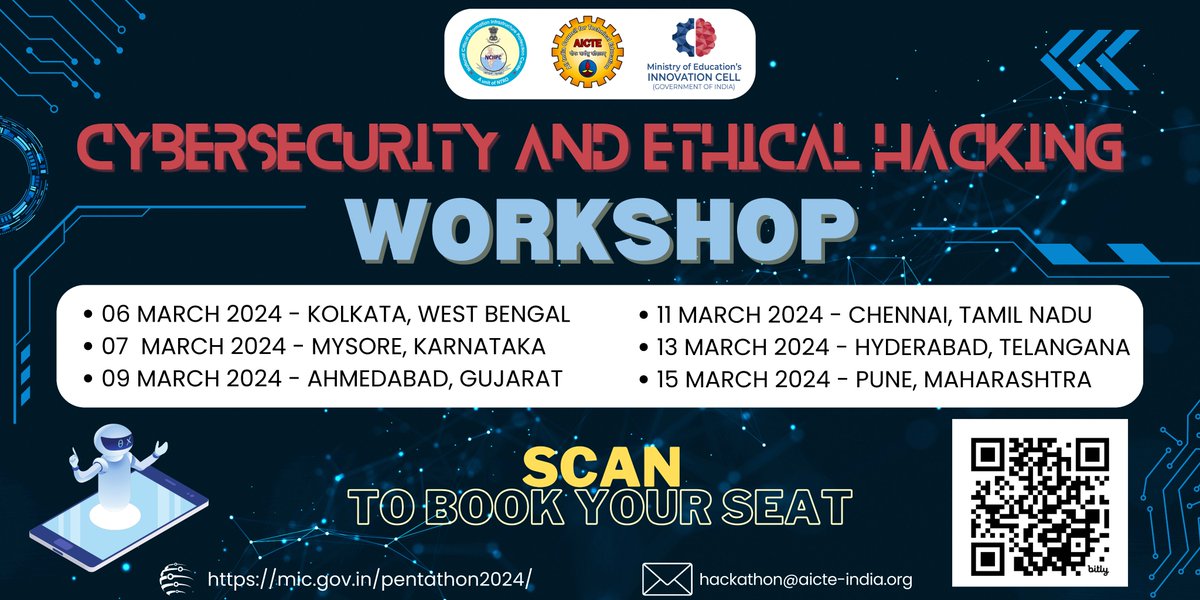 💻Join us for an exclusive half-day workshop organized by NCIIPC, AICTE, and MIC. Engage with experts, tackle real-world challenges, and unlock opportunities at 6 locations across India. Limited spots available. #CybersecurityWorkshop @EduMinOfIndia @AICTE_INDIA @NCIIPC