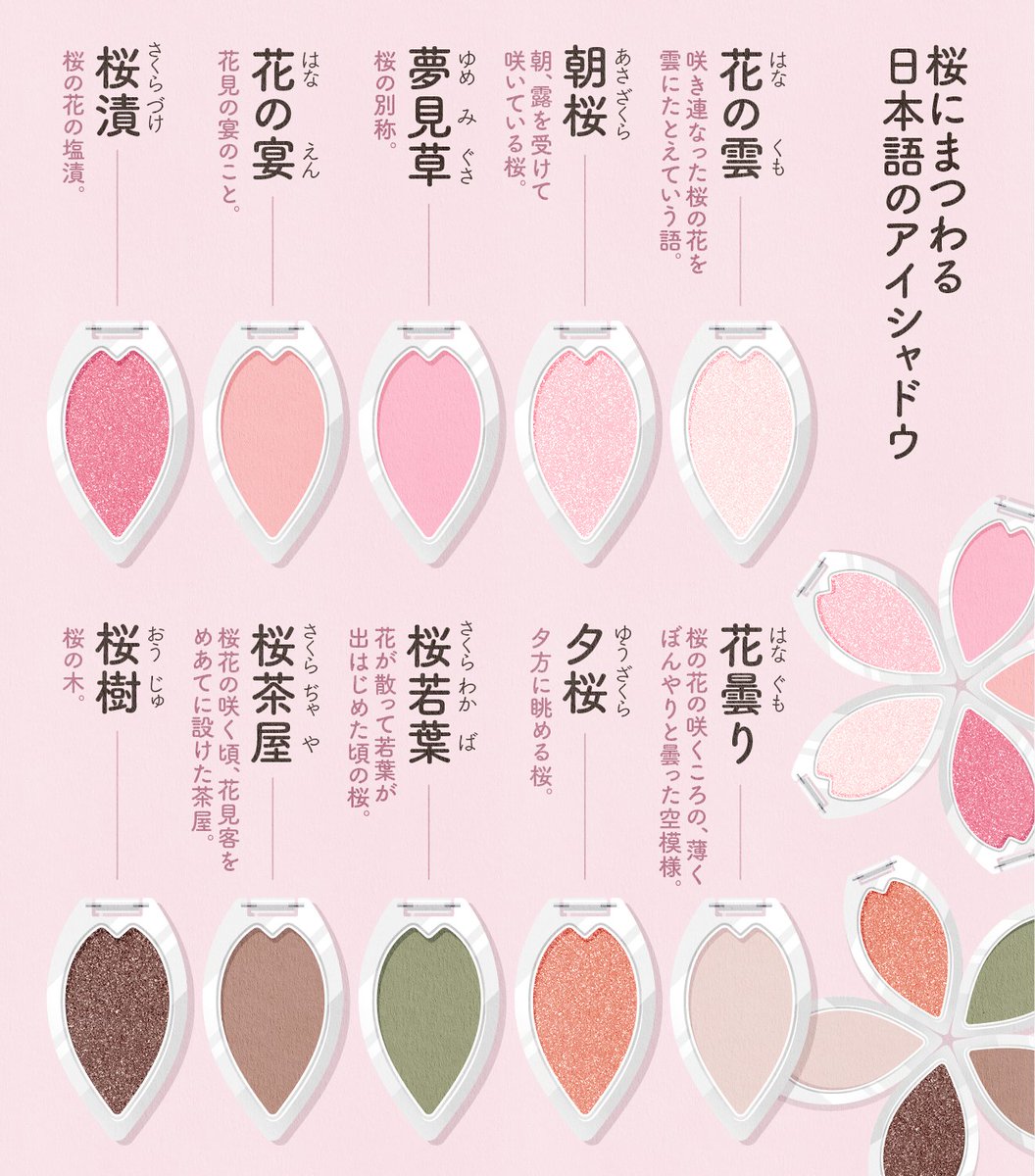 桜にまつわる日本語の単色アイシャドウ🌸
５つ集めたら桜の形に🌸