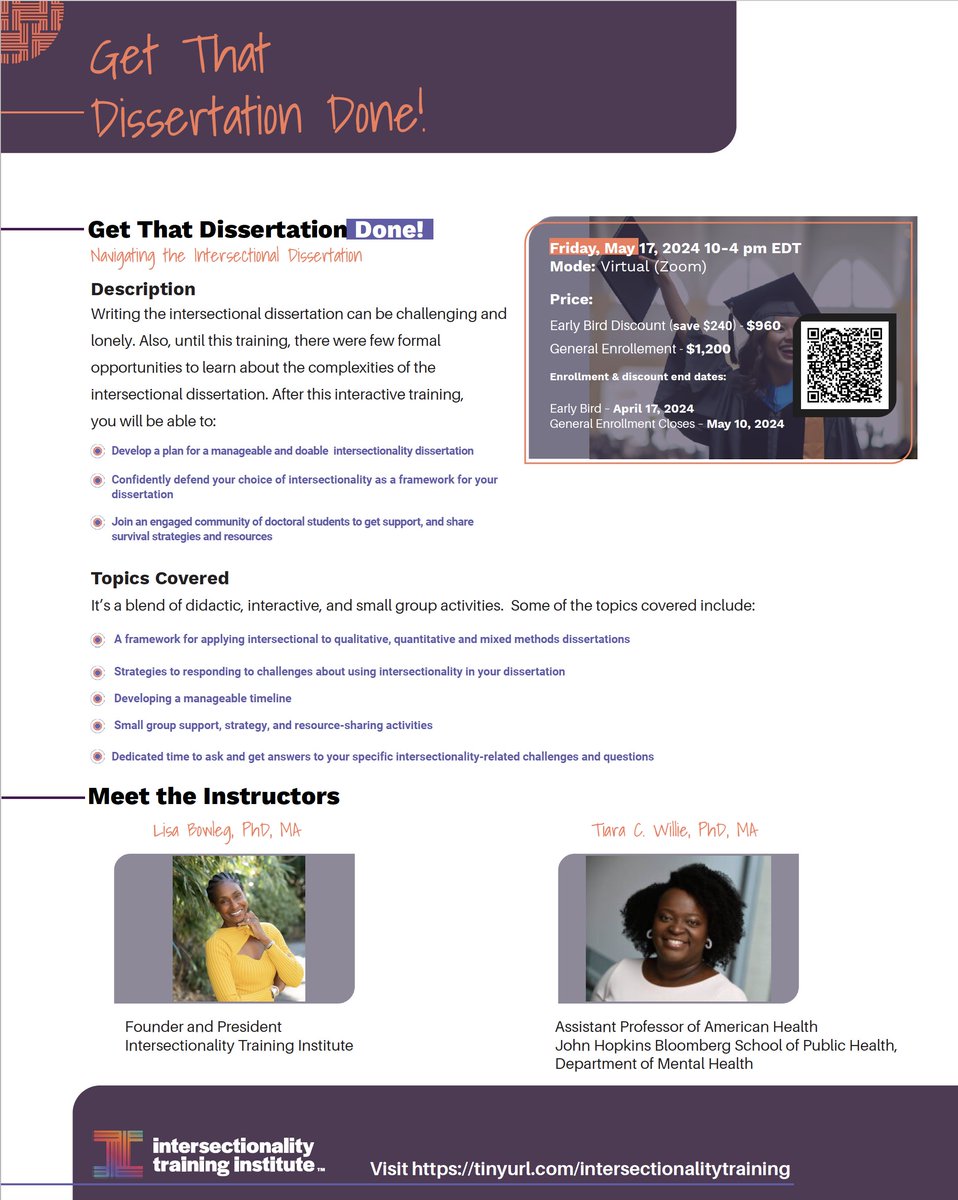 🌟Great news🌟 Dr. Lisa Bowleg and I will be leading a virtual, interactive training for doctoral students: Get That Dissertation Done! Navigating the Intersectional Dissertation on May 17th, 2024! 

Only 30 spots!🏃🏾‍♀️Get one b4 it's too late #phdlife #AcademicTwitter #phdchat