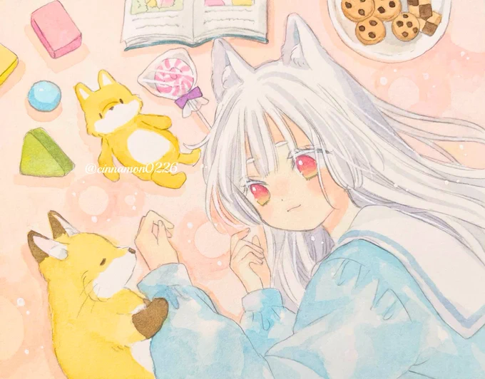 しあわせな時間ぬいぐるみキツネちゃんのしっぽ…わすれ…いや、隠れてるだけ!#イラスト 