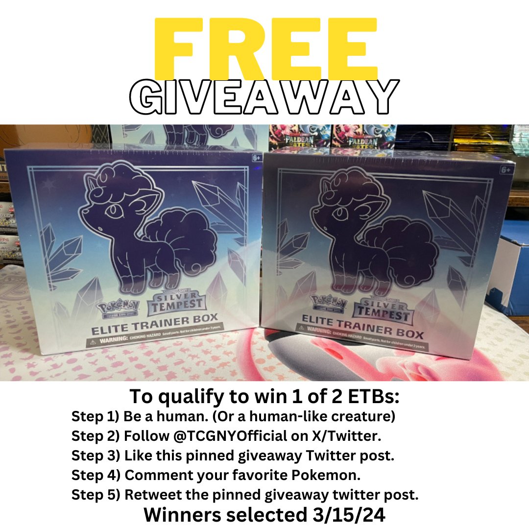 In celebration of our launch, we are giving away 2 free Silver Tempest ETBs. 2 Lucky followers will receive 1 ETB mailed directly to them just for following the instructions below.

Winners will be selected March 15th.

#PokemonTCG #Giveaways #Pokemon #TCG