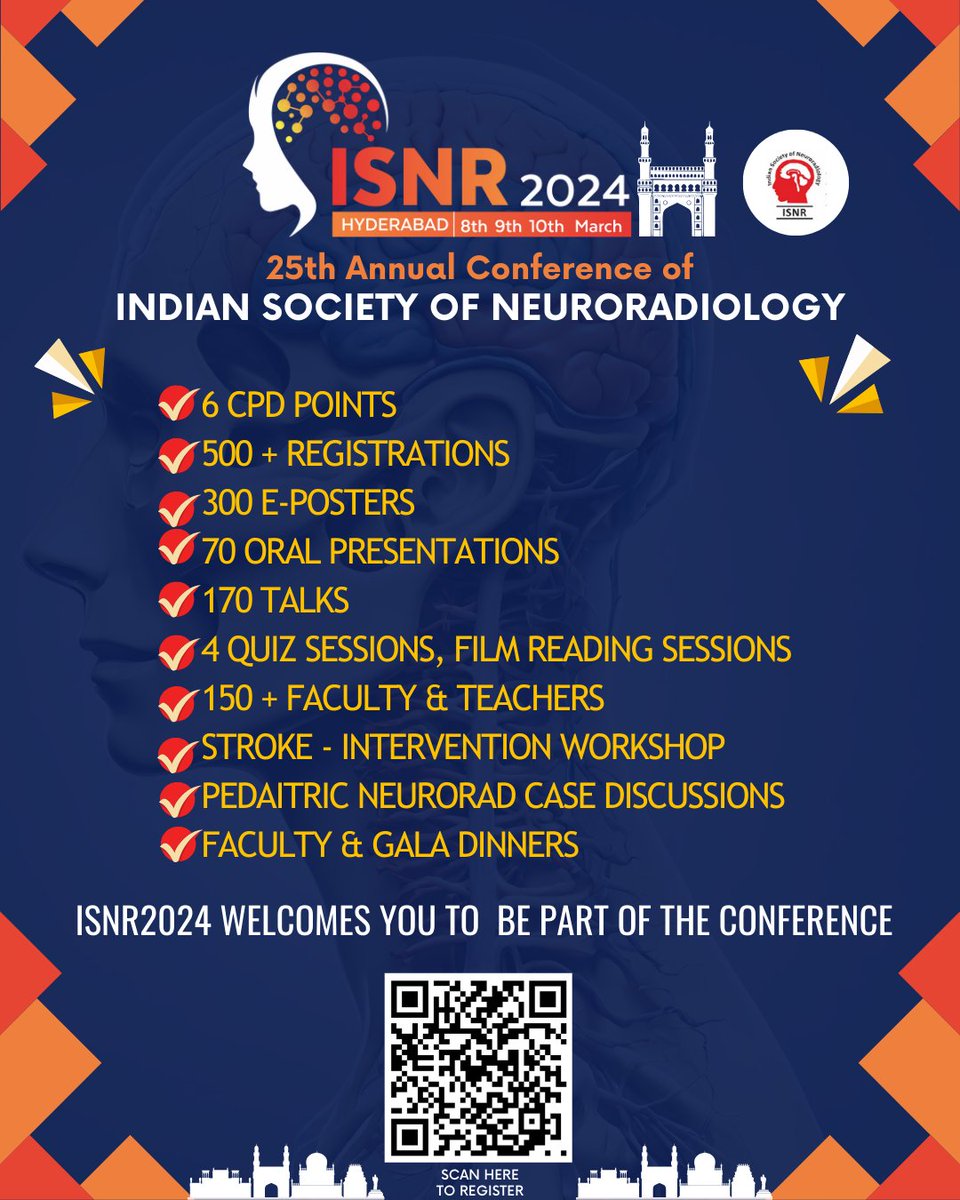 Weclome to the 25th Silver Jubilee Annual Conference of the Indian Society of Neuroradiology.
#ISNR2024 
#Neurorad #pedineurorad #radres 
#happeninghyderabad