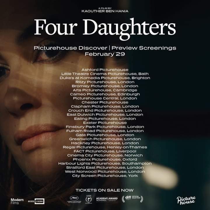 Le Film Tunisien "Four Daughters" nominé dans la catégorie Meilleur Documentaire aux 96eme Oscars, est  Disponible déjà au Cinémas en Angleterre 👇