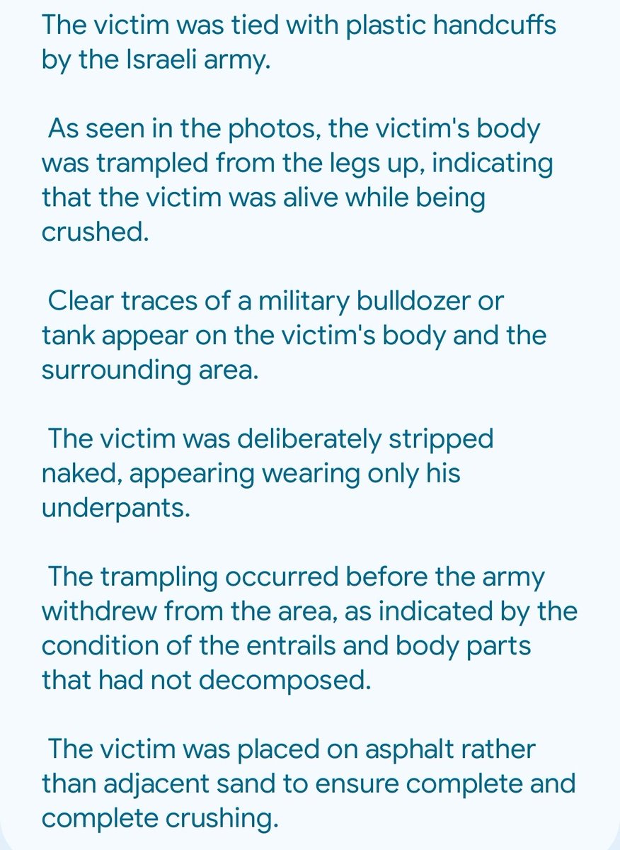I thought he was wearing a grey shirt. He wasn't. They'd stripped him, leaving him in just black pants.

He was alive when they ran him over with the vehicle.

Additinal notes reported by Euromed.