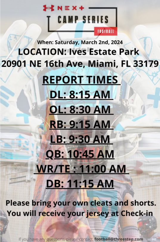 I will be attending the Under Armor Camp tomorrow morning!! Check in at 9:30 am.. see y’all there, LETS COMPETE @coachmill57 @larryblustein @FSUFootball @UCFKnights @USMCSLA @UAB_FB @WarnerUFootball @PrepRedzoneFL @PineRidgeHS @P_McKenzie09 @Nico__Duett