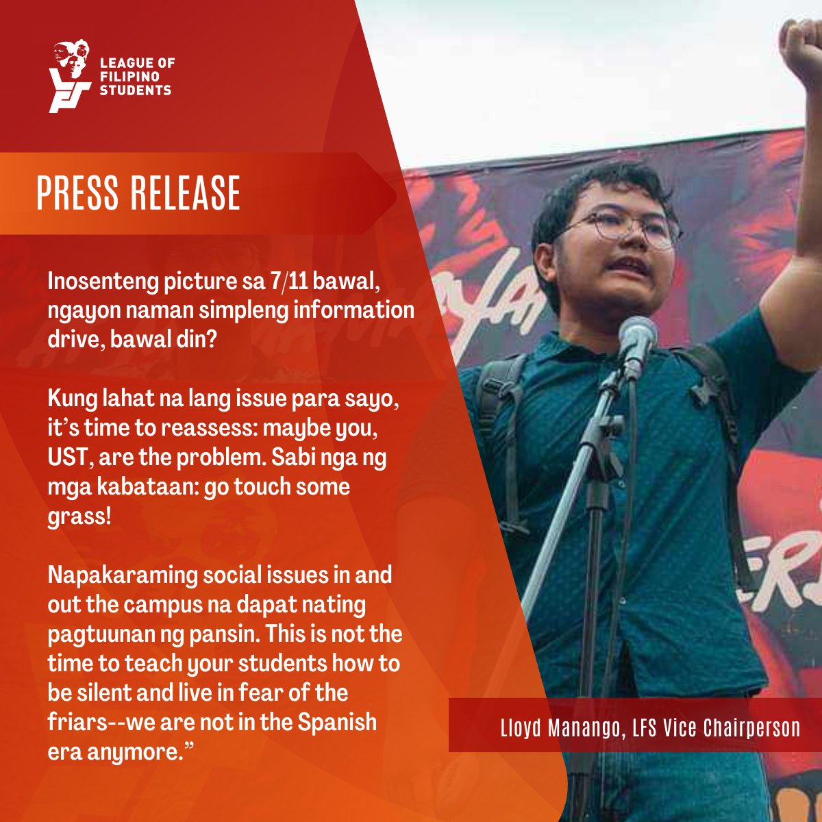 LFSPhilippines's tweet photo. LFS condemns the surveillance and harassment of UST students conducting an info drive inside the campus. This incident is the latest among the spate of repression, censorship, and other democratic rights violations perpetrated by UST.

#StudentsFightBack
#DefendDemocraticRights https://t.co/jegrnpV6iN
