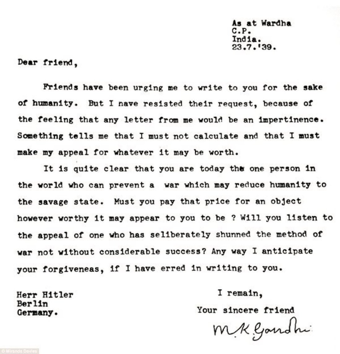 1939 :: Mahatma Gandhi's Letter to Adolf Hitler to Prevent World War II
