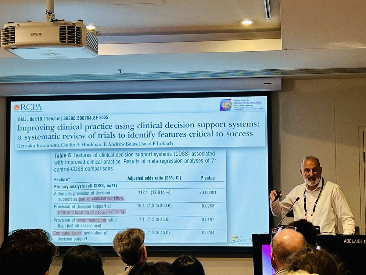 UMCPC_official's tweet image. What makes a good clinical decision support tool? @KenSikaris presents:
✅ the software is part of the clinical workflow 💻 
✅ Real time during consult ⏰ 
✅ Provides a clinically useful recommendation (that can be overriden) 👩🏻‍⚕️ @PathologyRCPA #pathupdate2024