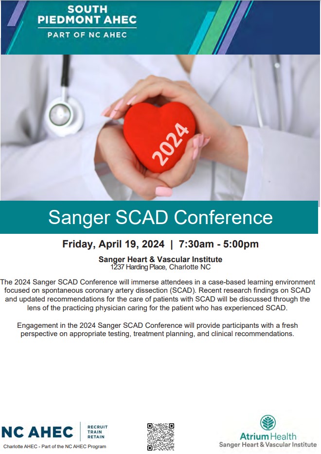 2024 Sanger SCAD Conference (hybrid) and 2024 Sanger SCAD Patient Symposium (in person) @AtriumSHVI in Charlotte NC April 19-20 in partnership w @SCADalliance & @iSCADregistry. Register here rb.gy/e84nxh and see you in sunny NC!