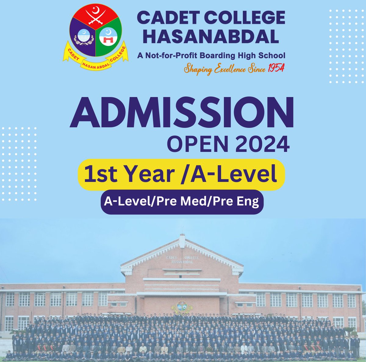 Admissions are Open in Cadet College Hasanabdal. Apply online at: ccha.edu.pk For Instruction please visit: cch.edu.pk/admission-to-c… Note: Overseas Pakistanis can also Apply and the test will be held online 👍 For Info: 0343-1-224-224 Email: admission@cch.edu.pk