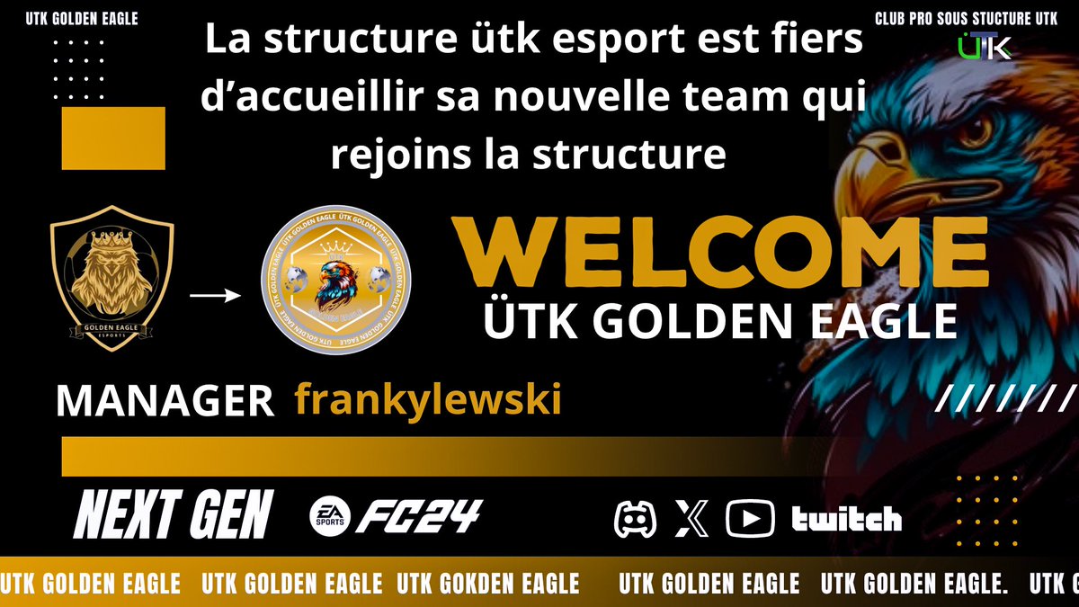 La structure @UtkEsport vous présente, et fiers d’accueillir à s’est côté équipe @GoldenEagle23_ qui rejoint les troupes ÜTK.merci à toi @GPEagle23 pour ta confiance,ensemble on va faire de belle chose BIENVENUE À TOUTE L’ÉQUIPE UTK GOLDEN EAGLE #esport #clubpro #ps5