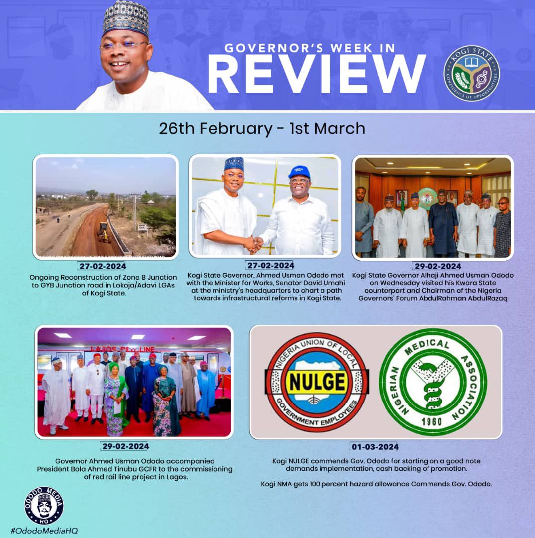 Weekly review of activities of the Governor of Kogi State, His Excellency, Alhaji Ahmed Usman Ododo in his pursuit of good governance for the people of the state. *Feb 26 - 1st March 2024*