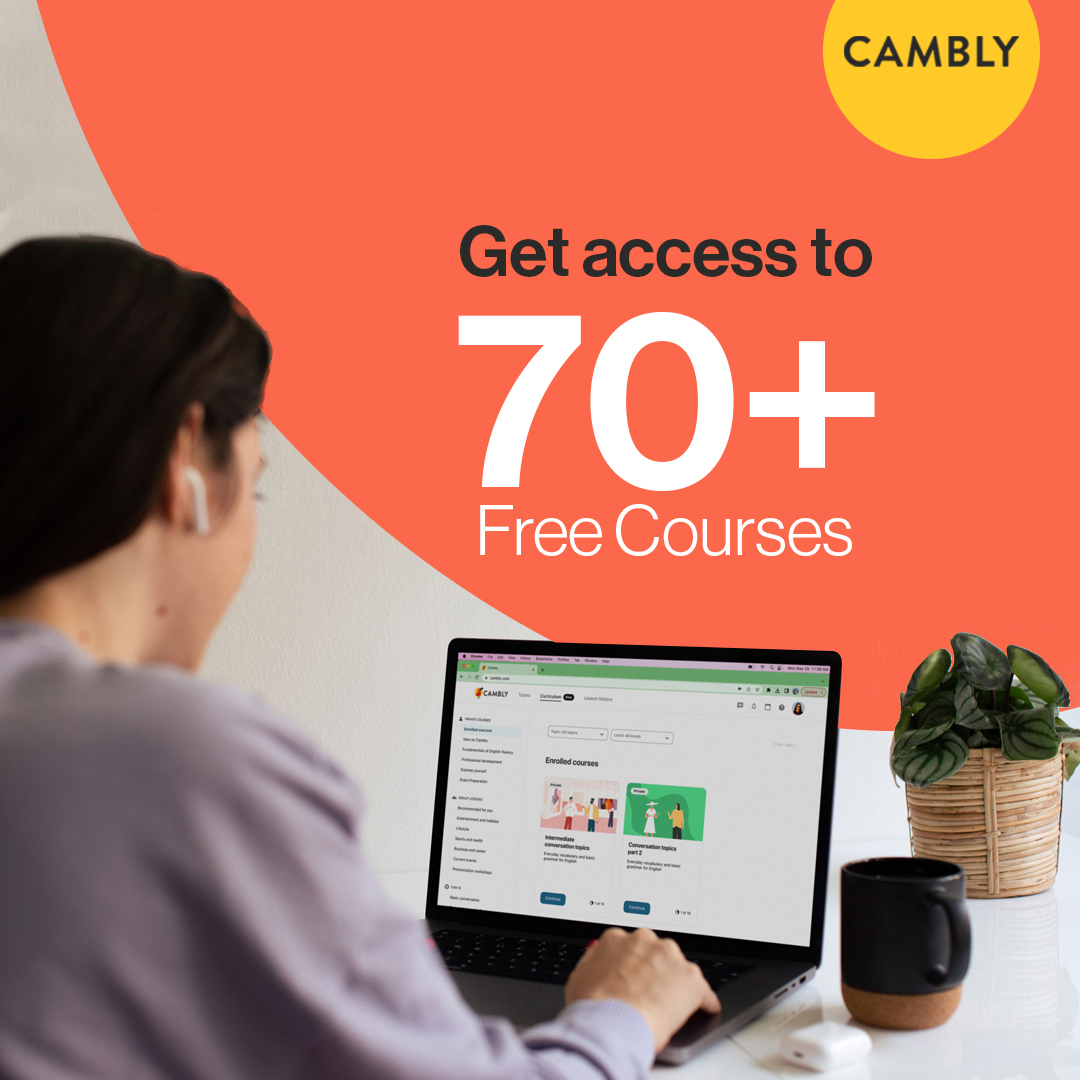 CamblyIndia's tweet image. Level up your English for FREE! Unlock 70+ courses on Cambly and start learning today.#FreeCourses #LearnEnglish #VirtualTutor #Cambly #CamblyClasses #CamblyGroupClasses #CamblyPrivateLessons #EnglishLearning #EnglishClasses #EnglishLessons #EnglishApp