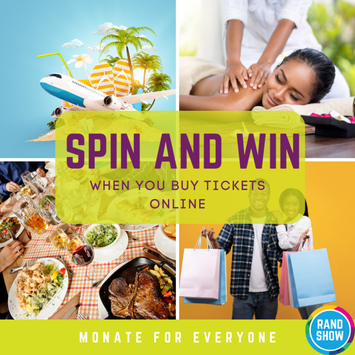 Weekend vibes! #Monateforeveryone. 

Book Rand Show tickets at rb.gy/2cwcv0 for a chance to Spin online & win fully paid weekends, fine dining experiences, spa vouchers & more! 

Don't miss out!

 #RandShow2024 #OnlineExclusive #WeekendAdventures #SpinAndWin