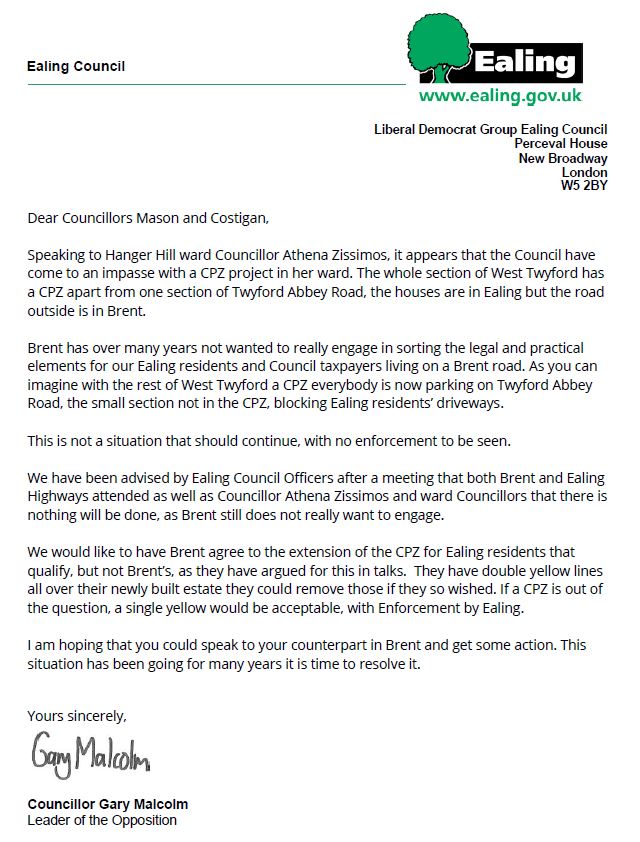 I emailed Ealing's Council Leader & Transport Cabinet member to request they get Brent Council to work with Ealing Council to solve a transport issue raised by @EalingLD councillor @AthenaZissimos Lib Dems have been listening to residents and want a solution implemented