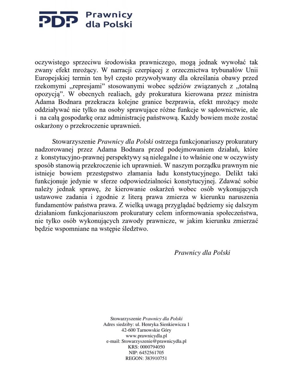 🔴 Prezentujemy stanowisko @PRAWNICYdlaPOL wobec działań prokuratury @Adbodnar 'a skierowanych przeciwko niezawisłym sędziom @SchabPiotr i @ZRDSSP_Radzik . Prosimy o rozpowszechnianie 🔴
---------------
#PrawnicydlaPolski 
#StopBezprawiu
#RuleOfLaw