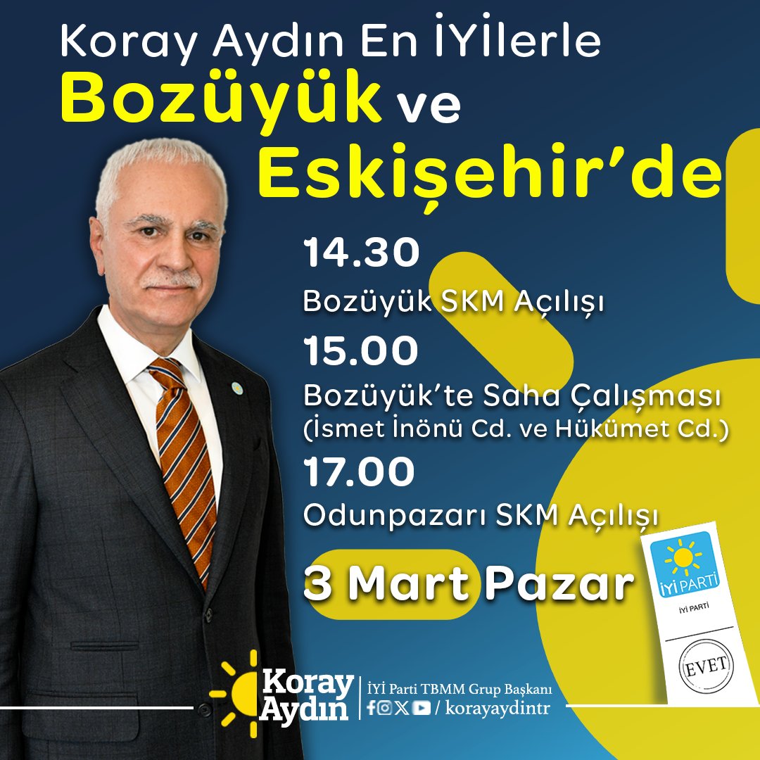 #İYİBelediyecilik için "En İYİlerle" Bozüyük ve Eskişehir'deyiz!

🗓️ 3 Mart 2024 Pazar
🕝14.30 Bozüyük Seçim Koordinasyon Merkezi açılışı
🕒15.00 Bozüyük Saha Çalışması
📍İsmet İnönü Cd. ve Hükümet Cd.
🕔17.00 Odunpazarı Seçim Koordinasyon Merkezi açılışı

👉Bütün vatandaşlarımız