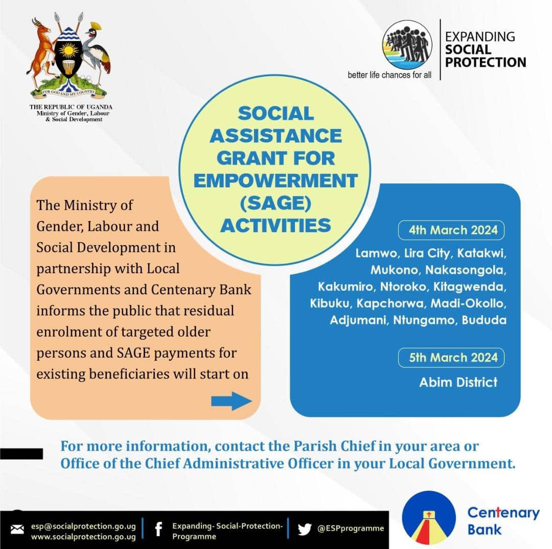 Please be informed of the Social Assistance Grant for Empowerment (SAG) activities beginning in the coming week of 4th March 2024. @Mglsd_UG @PsGender @prosperbyona @AggreyKibenge @OnapaPaul @sightakatukunda @upfsp