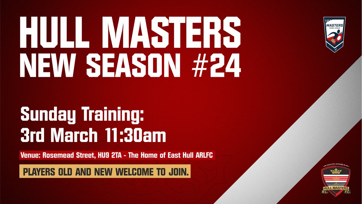 SUNDAY TRAINING TOMORROW ⤵️ 🏉Fitness/ Training / Red Short Rules 📅 Sunday 3rd March 🏟️Rosemead Street - East Hull ARLFC ⌚️ 11:30am till 12:30pm. 👍 Players Old and New Welcome #HullMasters24