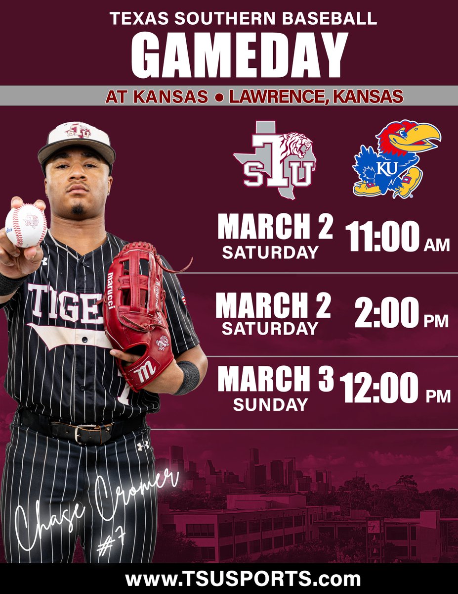 Texas Southern University (TSU) Athletics (@txsotigers) on Twitter photo It's <a href="/TXSOBASEBALL/">Texas Southern Baseball</a> gameday - Tigers take on Kansas in a DH today starting at 11 a.m. and 2 p.m.!
Watch live - espn.com/watch/player/_… It's <a href="/TXSOBASEBALL/">Texas Southern Baseball</a> gameday - Tigers take on Kansas in a DH today starting at 11 a.m. and 2 p.m.!
Watch live - espn.com/watch/player/_…