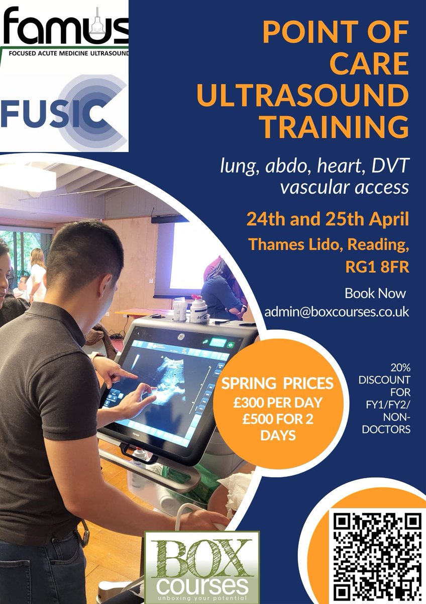 We've added an April #FAMUS #FUSIC course. Learn #lung #cardiac #abdo #DVT #ultrasound with the experts. 24th & 25th April. Reading. £300 per day, £500 for both days. 20% off for FY1/FY2/non-doctors. Email: admin@boxcourses.co.uk