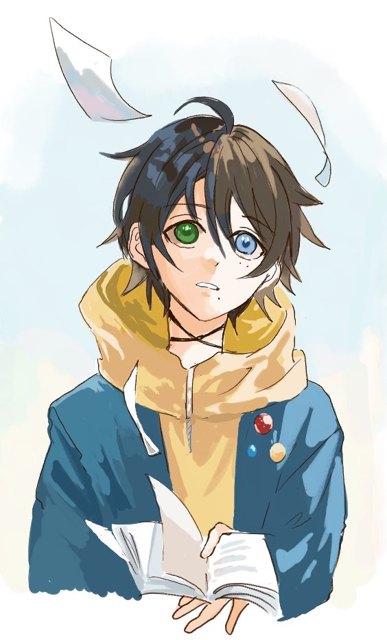 1boy heterochromia male focus mole blue eyes green eyes hoodie  illustration images