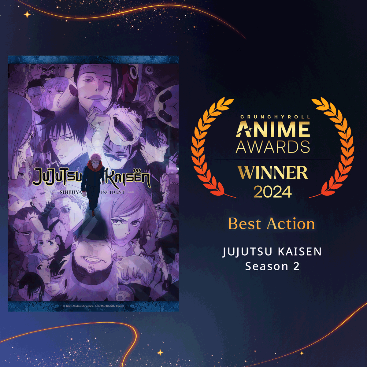 TheAnimeAwards's tweet photo. The action in JUJUTSU KAISEN Season 2 was absolutely electrifying! Congrats for taking home the award for Best Action! #AnimeAwards https://t.co/7OHIk0ekFK