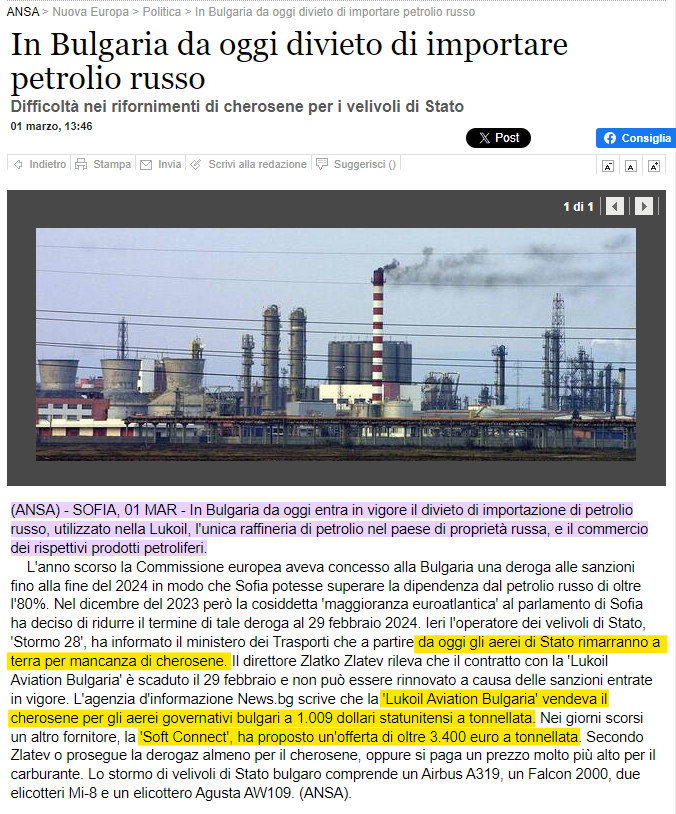 ccPinachet's tweet photo. Da ieri in #Bulgaria è scattato il divieto di importare petrolio russo.
Da ieri in #Bulgaria gli aerei di stato non volano per mancanza di cherosene.
#Lukoil vendeva il cherosene a 1.009 $/ton.
#SoftConnect ha offerto oltre 3.400 $/ton.
Le sanzioni alla #Russia funzionano. https://t.co/1Ju1iDpW7a