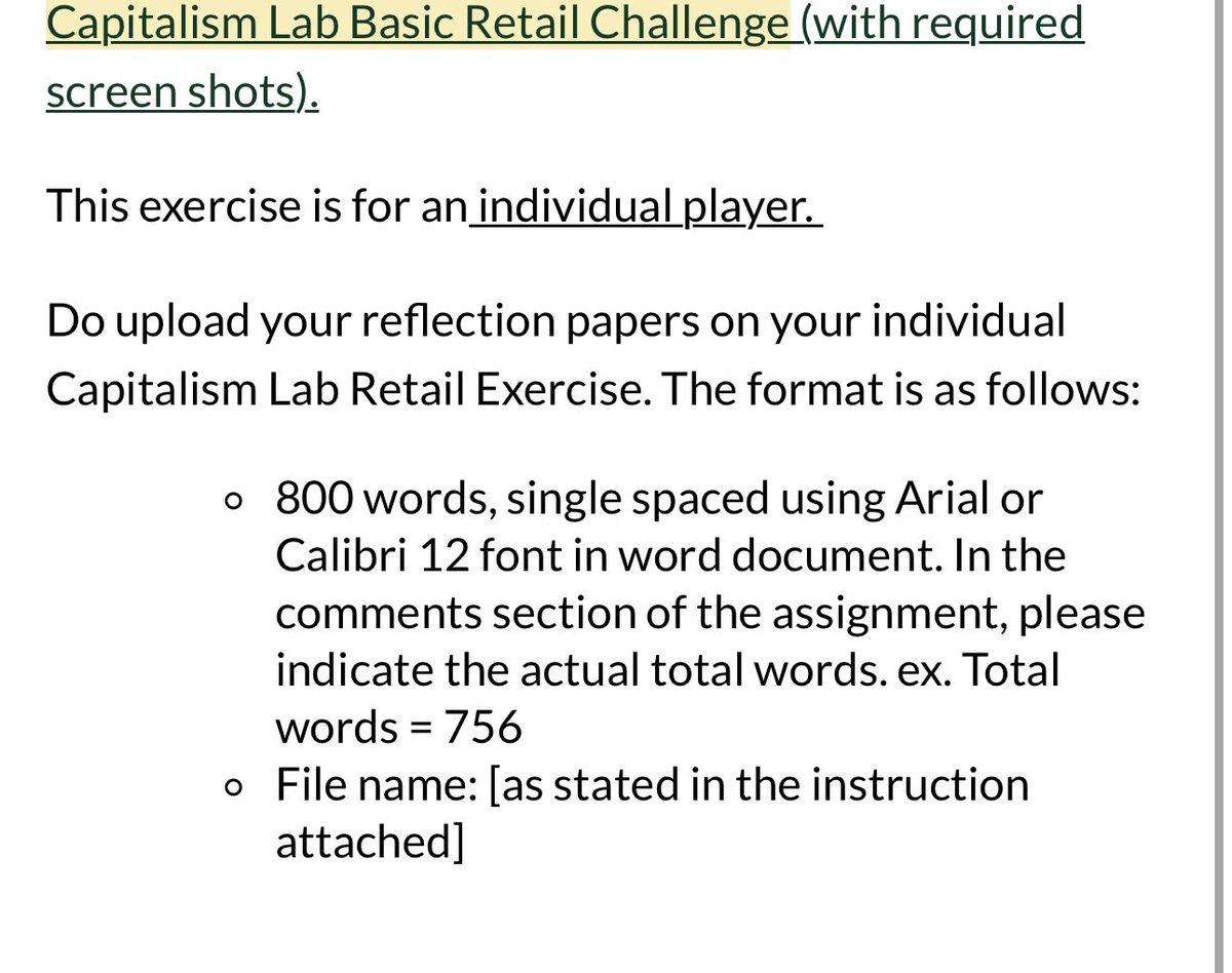 LF ACAD COMMISSIONER

must know how to play CAPITALISM LAB 

course: strategic management (COBSTRM)

task: will do a reflection paper while playing capitalism lab

deadline: tuesday 5pm

dm me for more details