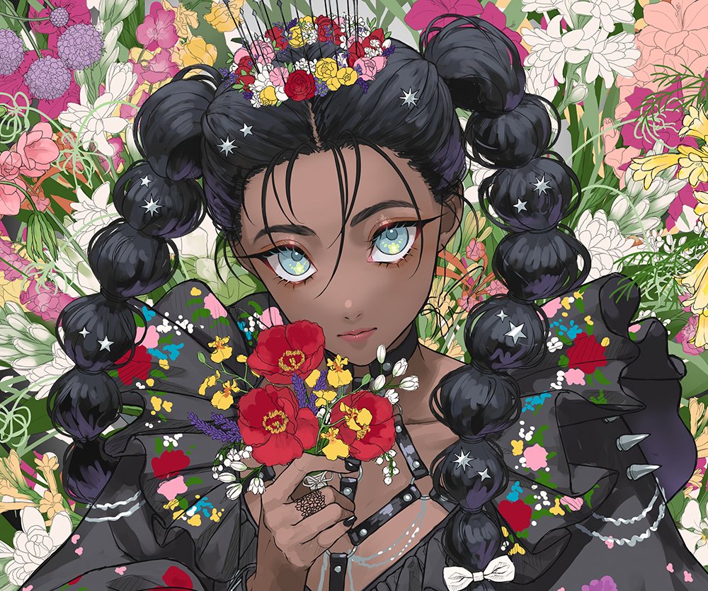 1girl solo flower dark skin dark-skinned female black hair braid  illustration images