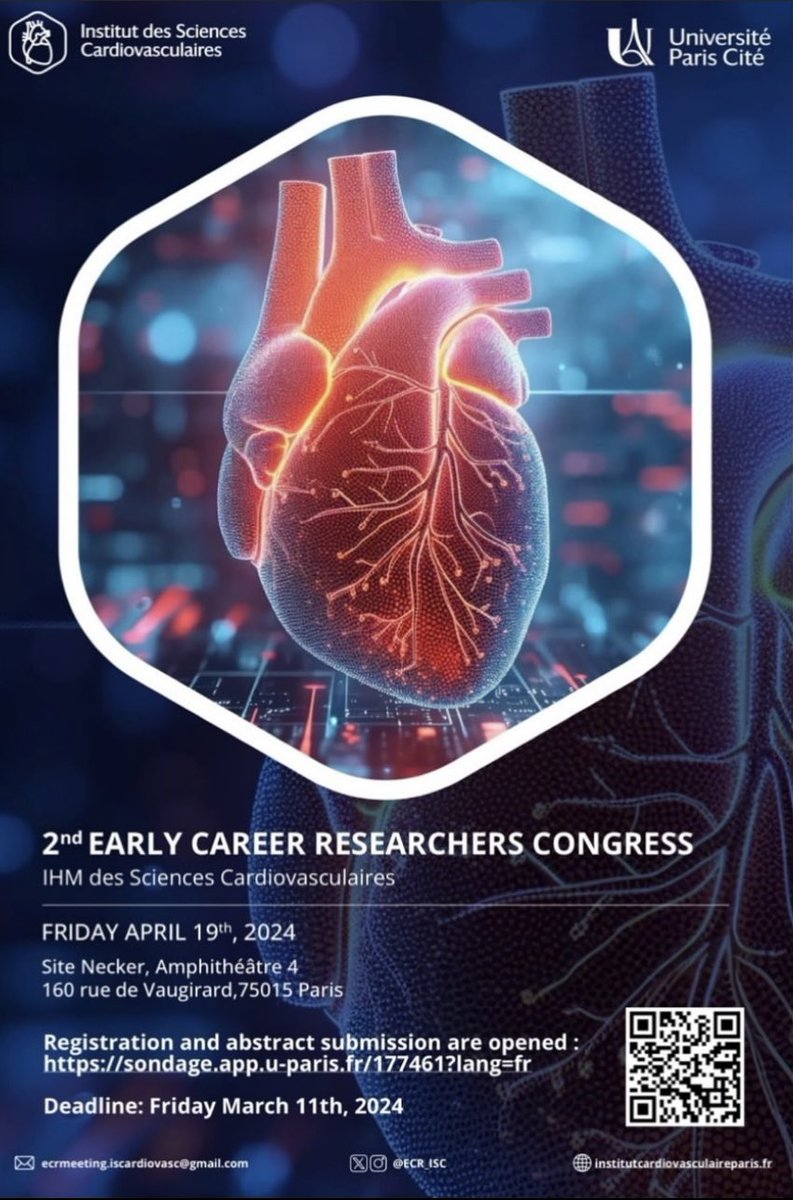 Happy to announce our 2nd edition of the Early Career Researchers' Congress of the Institut des Sciences Cardiovasculaire! 📆 April 19th 🧑‍🔬 ECRs include students and researchers at the beginning of their career. Register and submit your abstract: sondage.app.u-paris.fr/177461?lang=fr…