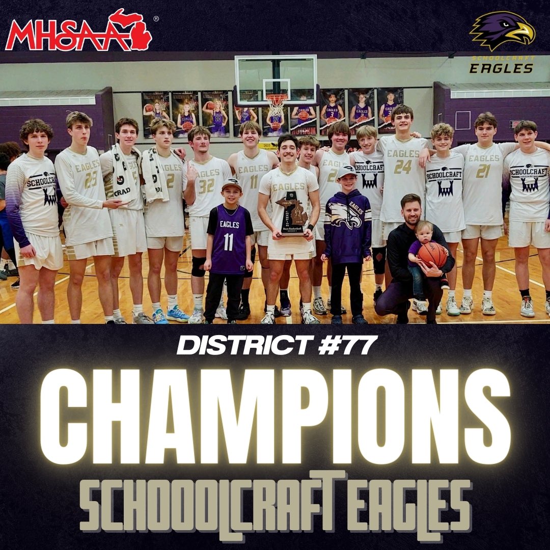 Great night to be an Eagle! District Champs! 

Played a very competitive and motivated opponent tonight, but came away with the win at home. 

Final Score
Schoolcraft 59
Hackett Catholic 38

Eagles are now 21-3 this year. Will face Watervliet on Tuesday, 3/5 at Watervliet @ 7pm.