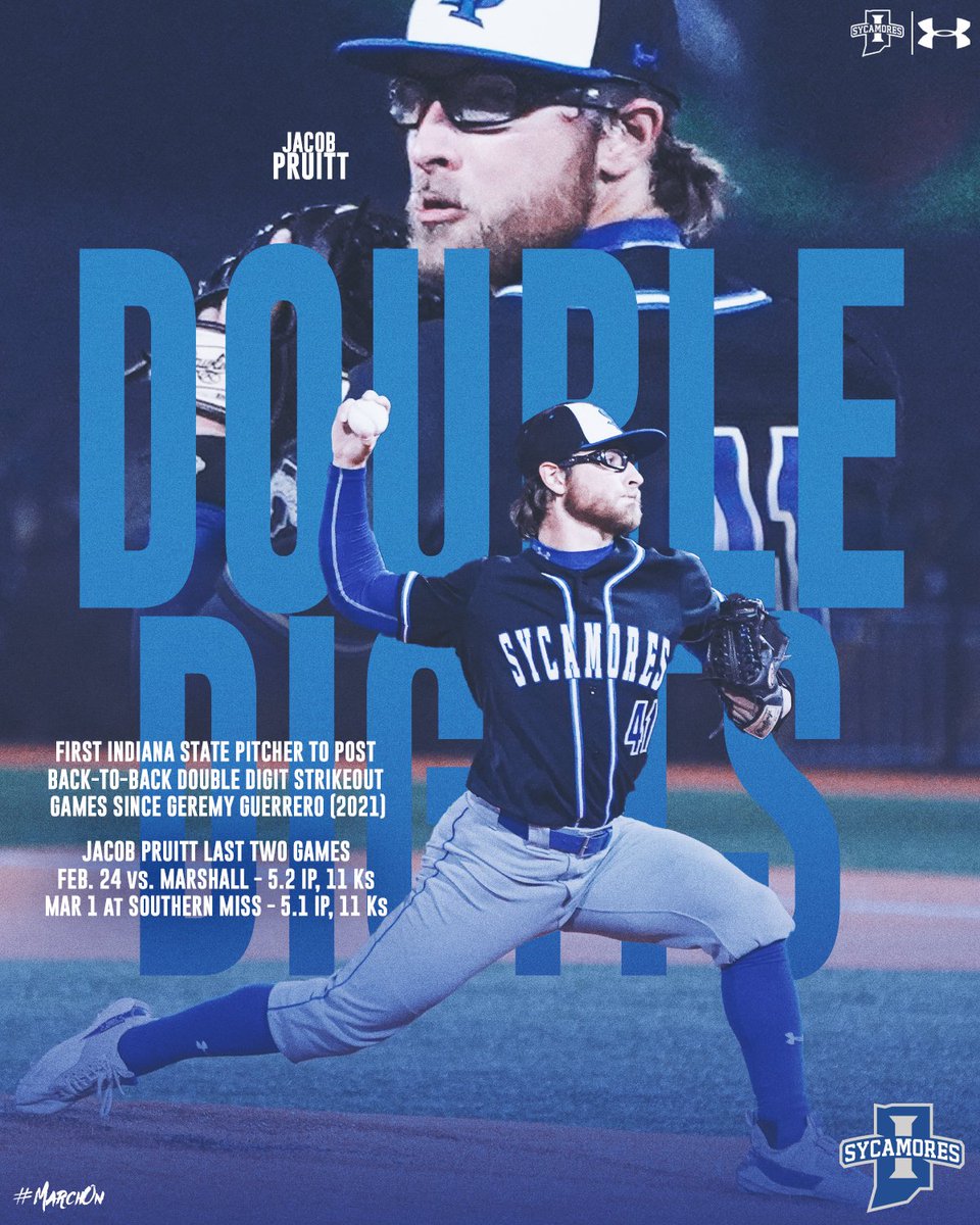 Indiana State Baseball (@indstbaseball) on Twitter photo Double. Digits. Again.
<a href="/Jacob_Pruitt_30/">Jacob Pruitt</a> picks up his second consecutive double-digit strikeout game and gives him 31 through his first three starts following his 11-K outing against Southern Miss on Friday
#MarchOn Double. Digits. Again.
<a href="/Jacob_Pruitt_30/">Jacob Pruitt</a> picks up his second consecutive double-digit strikeout game and gives him 31 through his first three starts following his 11-K outing against Southern Miss on Friday
#MarchOn