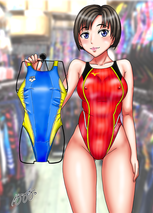 以前、HPの依頼作画コーナーで描いた連作イラスト①

女子用競泳水着を着用するのが大好きな男性が、スポーツ用品店に女ものの水着を買いに行ったら、女性の店員さんが自ら試着していろいろと薦めてくれた。↓ 