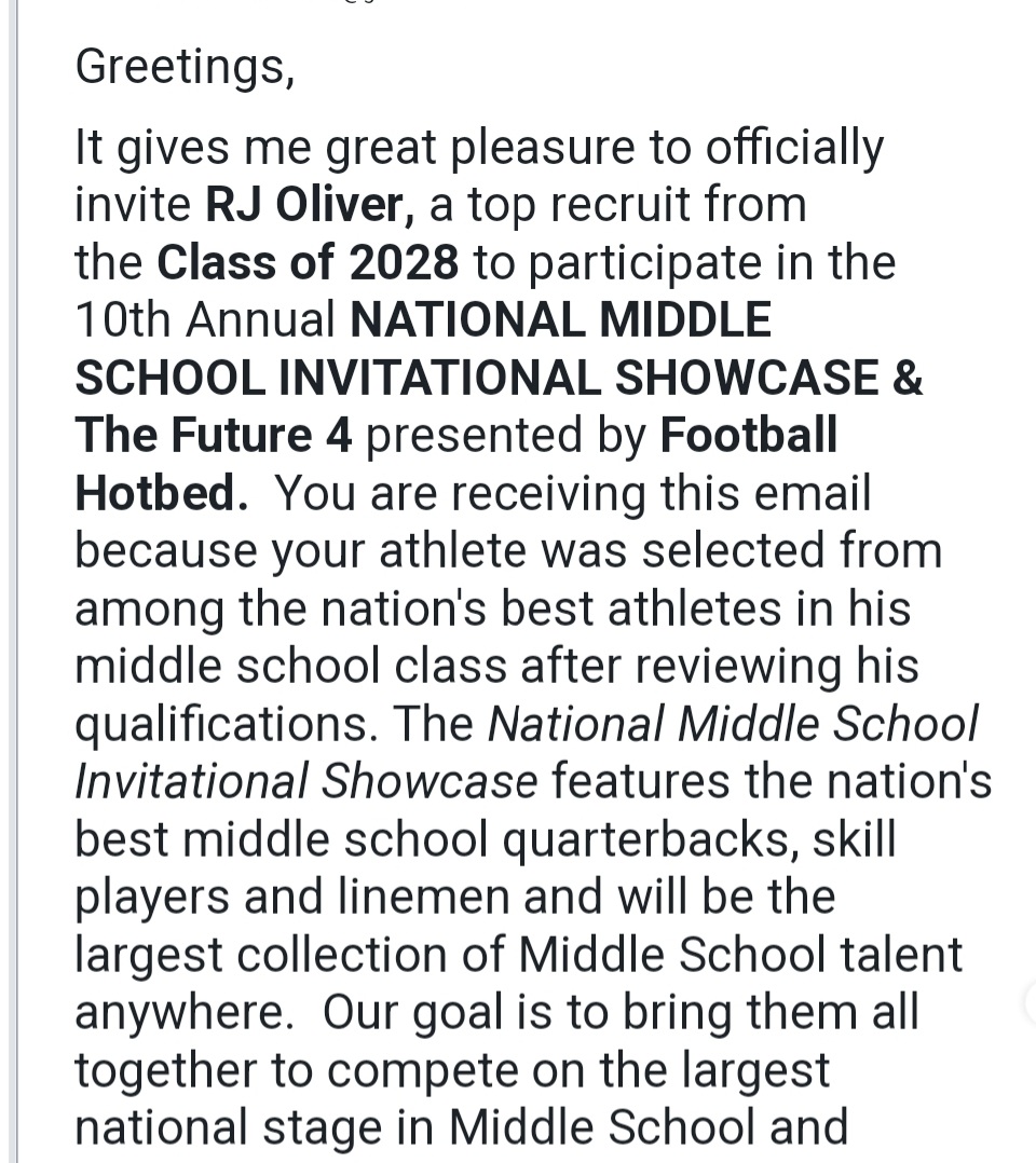 Blessed to receive an invitation from @FootballHotbed for the National Middle School Showcase at the 🙌🏾🌴🏈. @CanesFootball
@Brandon_Odoi @CoachG_Iam @CoachMP__ @LcOutlaws7v7  #AGTG #Hotbedworld