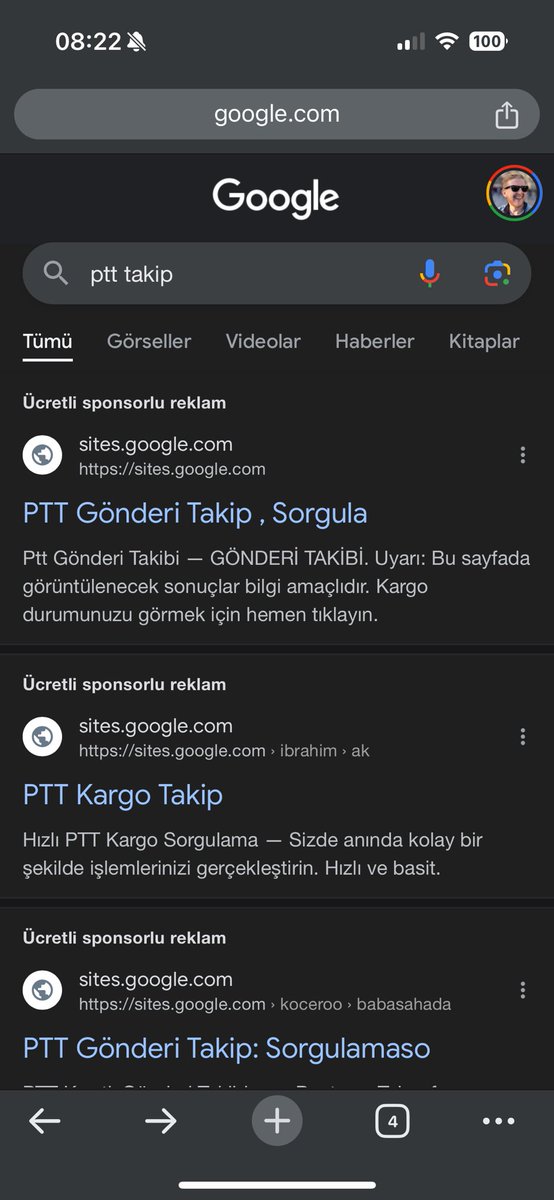 Google artık leş bir arama motoru haline geldi. PTT takip sorgusu için çıkan ilk üç sonuç reklam, üçü de kimlik bilgilerinizi çalmak için kurulmuş ve üçü de Google Sites’ta barındırılıyor.