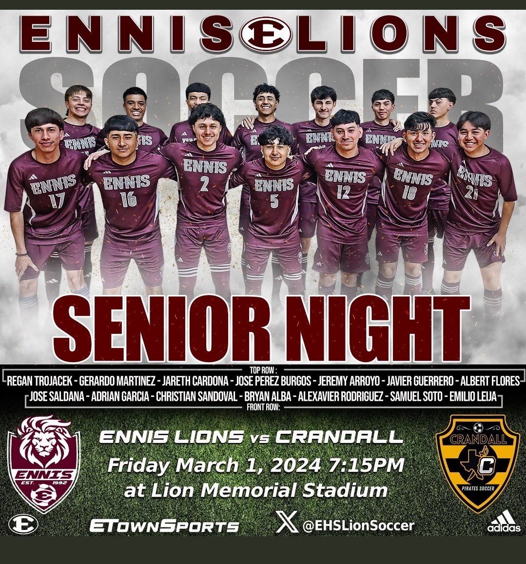 What a Night to Remember!!!
JV defeated Crandall 5 to 0. Jonathan Martinez ⚽️ 🅰️ 
Adrian Sandoval ⚽️ 🅰️
Diego Garza ⚽️ Ivan Arriaga ⚽️ 
Agustin Olvera ⚽️ Miguel Yanez 🅰️
On Senior Night, Varsity defeated Crandall 3 to 1.
Jose Saldana ⚽️ 🅰️
Jareth Cardona ⚽️ 
Adrian Garcia ⚽️.