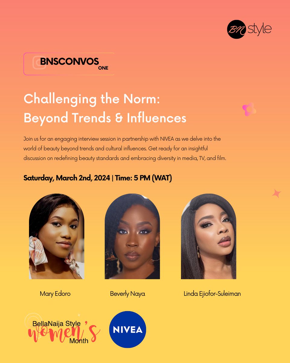 Join Beverly Naya, Linda Ejiofor-Suleiman & Mary Edoro on #BNSCONVOS Today at 5PM WAT! bellanaijastyle.com/bnsconvos1-x-n…