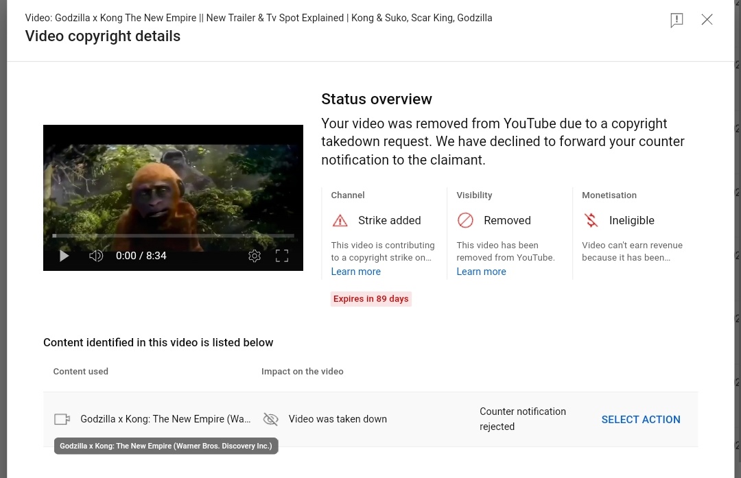 iamKhehk's tweet photo. @warnerbros @GodzillaXKong @WarnerBrosIndia I am Indian YouTube Creator and I made  video on Godzilla X Kong trailer And I got copyright strike by (MarkScan Enforcement) I used trailer in fair use but I got copyright strike so help me vid.https://t.co/o2Wq0fvous
#GodzillaXKong https://t.co/lcBxPNkDjr