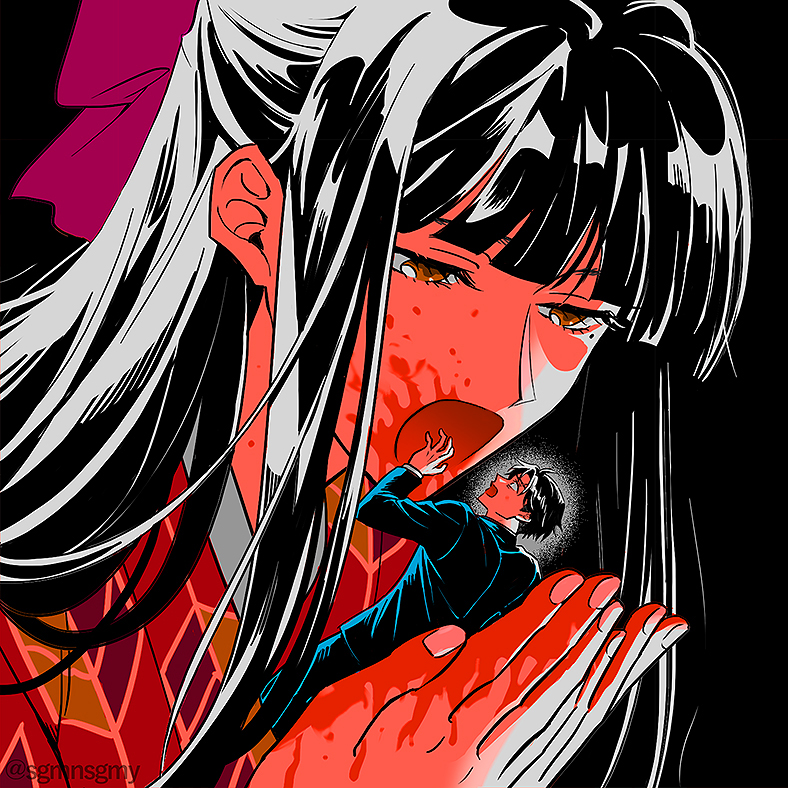 1girl 1boy black hair long hair japanese clothes blood bow  illustration images
