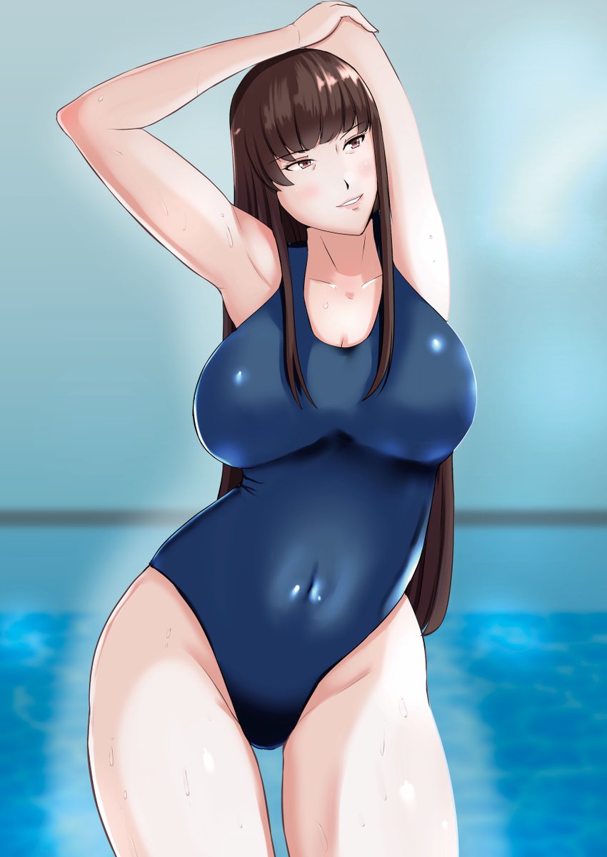 おばさんくさい水着を着てストレッチをする家元です。 