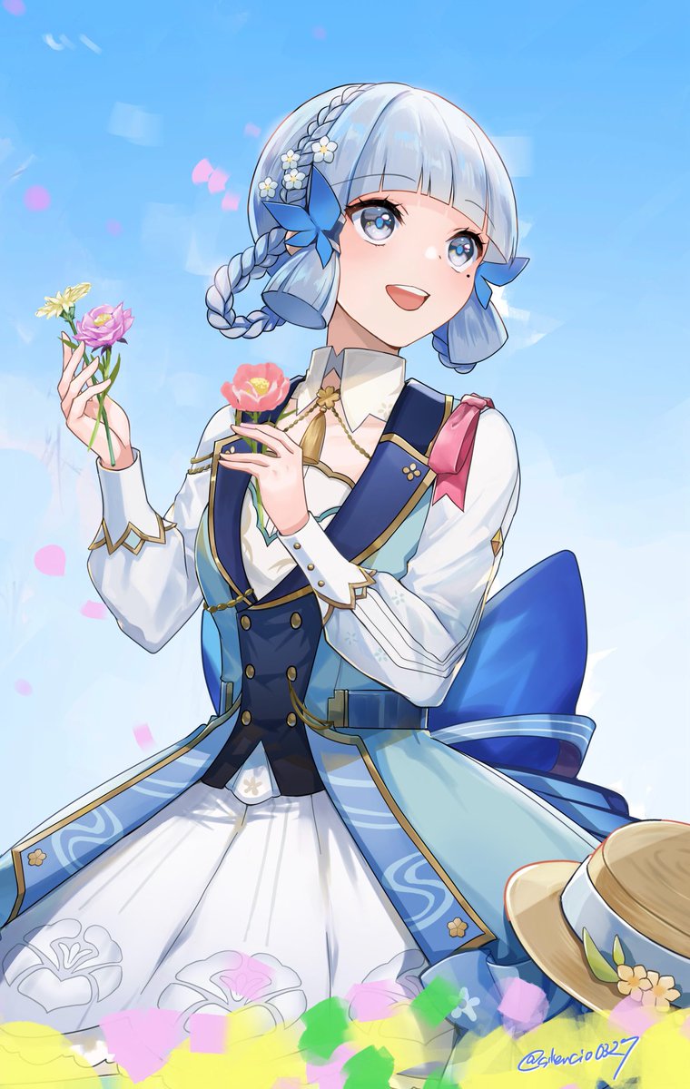 kamisato ayaka ,kamisato ayaka (springbloom missive) 1girl flower solo holding flower blue eyes smile holding  illustration images