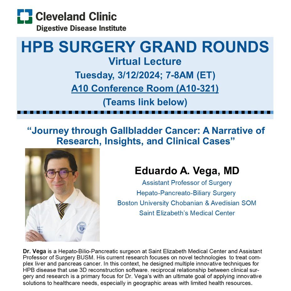 📢 Honored to receive an invitation to present a Grand Rounds on Gallbladder Cancer at @ClevelandClinic 's HPB section. Eager to share insights on a Tuesday morning. @AHPBA @FAucejo @MattWalshMD @chdkwon @BUMedicine @StElizabethsMC
